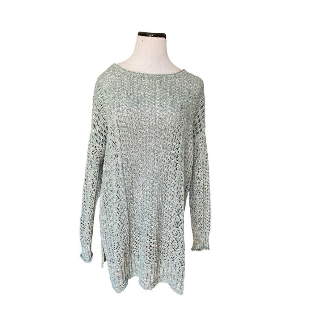 Chicos Open Knit Pullover Sweater Size L Green Beach Coastal Grandma Cottagecore